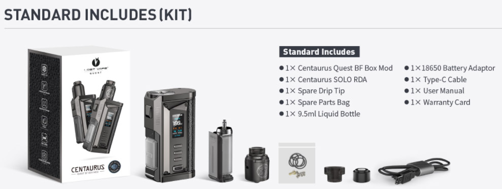 Lost Vape Centaurus Quest Sqounk Kit with RDA includes