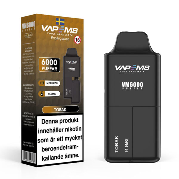 VapeM8-VM6000-14-9mg-disposable-vape-tobak tobacco vape 6000 puffsw